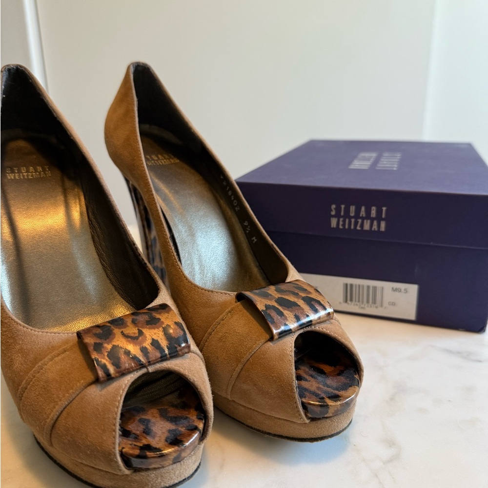 Stuart Weitzman Brown Leopard Print Peep Toe Heels 9.5